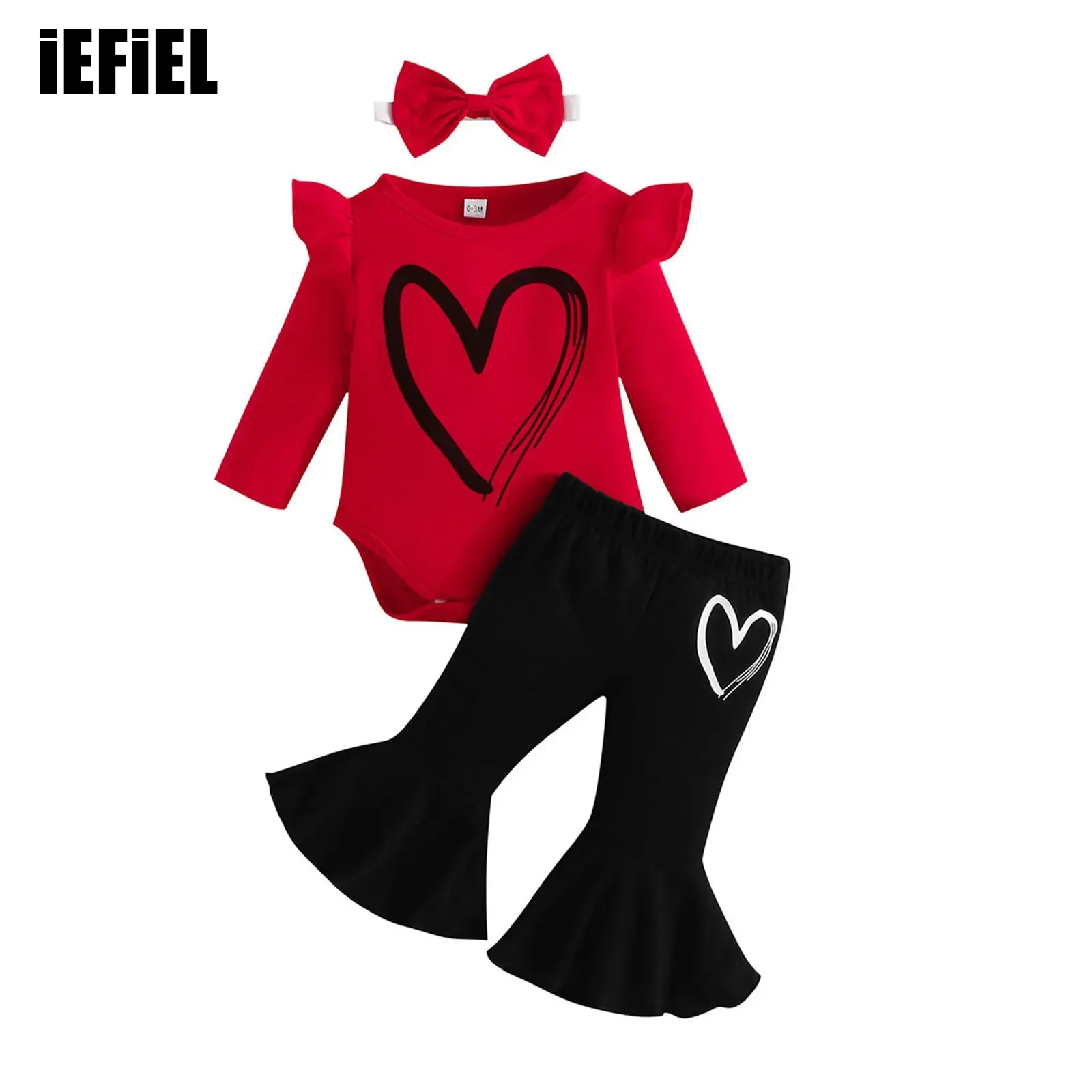 

Baby Girls Heart Print Clothes Outfit Newborn Baby Long Sleeve Fall Romper with Bell Bottoms Flare Pants And Bow Headband Set
