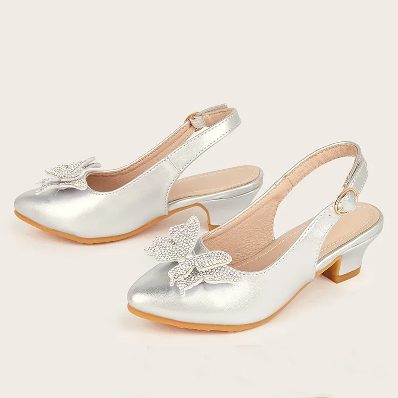 2025 New Girls' Princess Shoes Fashion Pointed-toe Rhinestone Butterfly Children's High Heels Girls' Sandals for Ages 7-12T 3