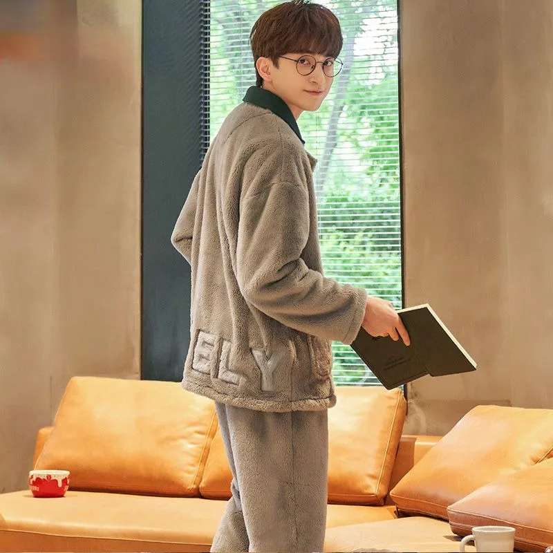 2023 New Men's Pajamas Autumn and Winter Coral Fleece Loungewear Thickened Flannel Warm Homewear Set Loose V-neck Sleepwear