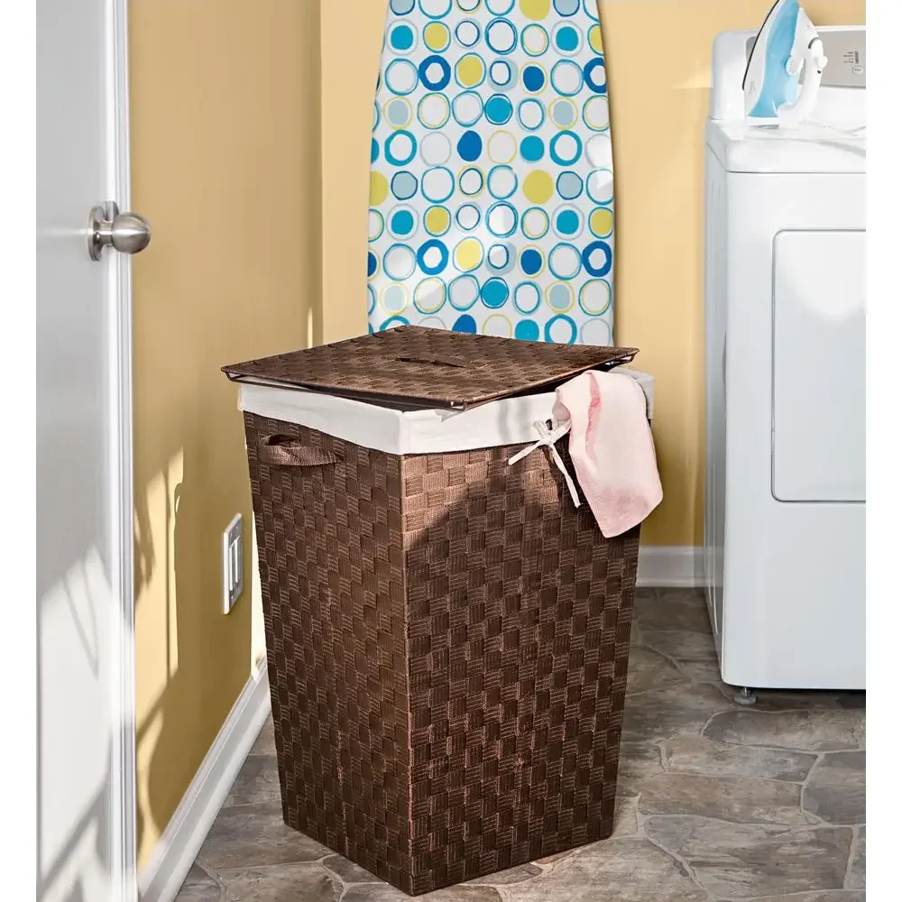 Woven Polypropylene Laundry Hamper Brown/Natural Lid & Handles Removable Polycotton Liner Stylish & Functional Adult Size 17" x