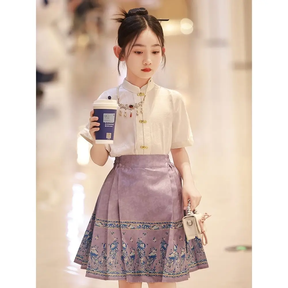 

Фиолетовое детское платье Hanfu для девочек с изображением лошади, летнее тонкое повседневное Короткое Платье До Колена в китайском стиле