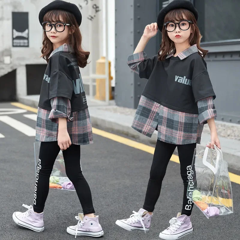 

Girl Teenager Autumn Sport Clothing Set 2024 New Casual Turn Collar Plaid Patchwork Long Sleeve 2 Pieces Children'S Outfit