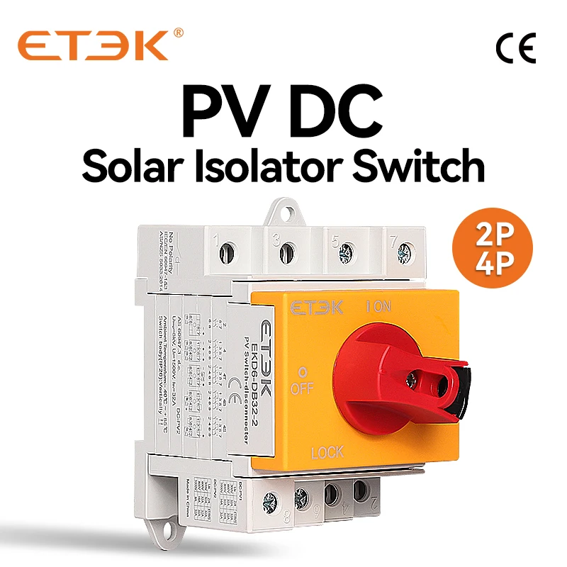 

ETEK DC Solar Isolator Switch PV 1000V 32A 2P Din Rail Mounting Rotating Handle CE Disconnector For Solar Certified EKD6-DB32