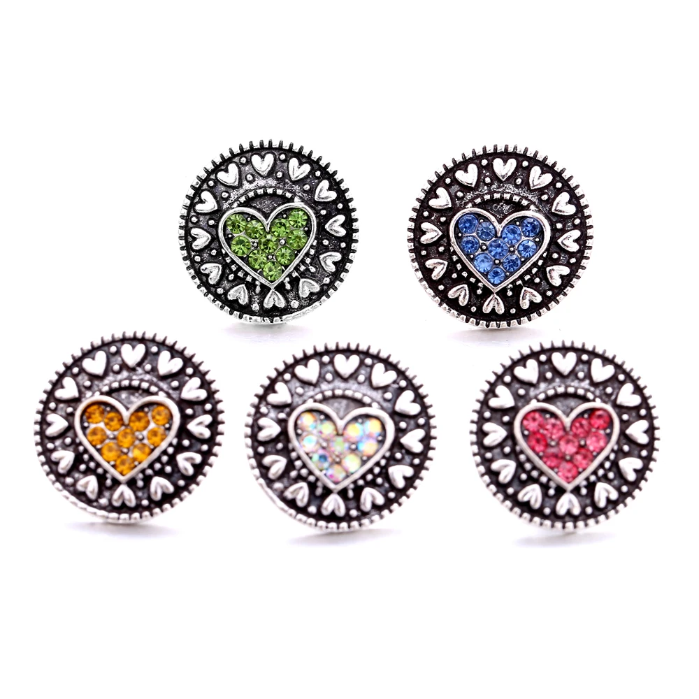 20pcs Vintage Heart Crystal Rhinestone Metal18mm Snap Buttons Fit Snaps Bracelet Necklace Jewelry