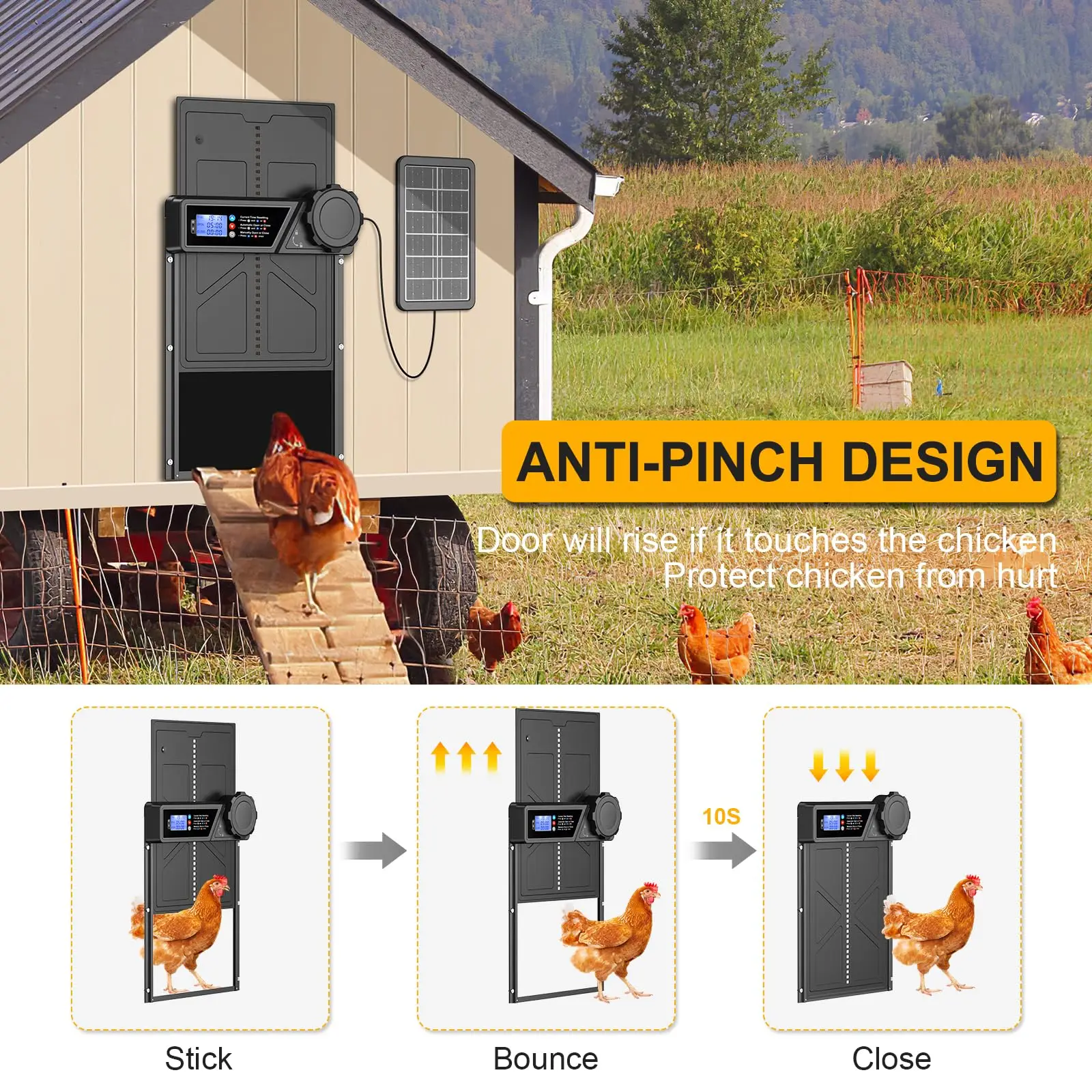 Chicken Coop Door Large Automatic Chicken Coop Door with LCD Display Timer Remote Aluminum Alloy Solar Powered Chicken Door Good Help on The Farm