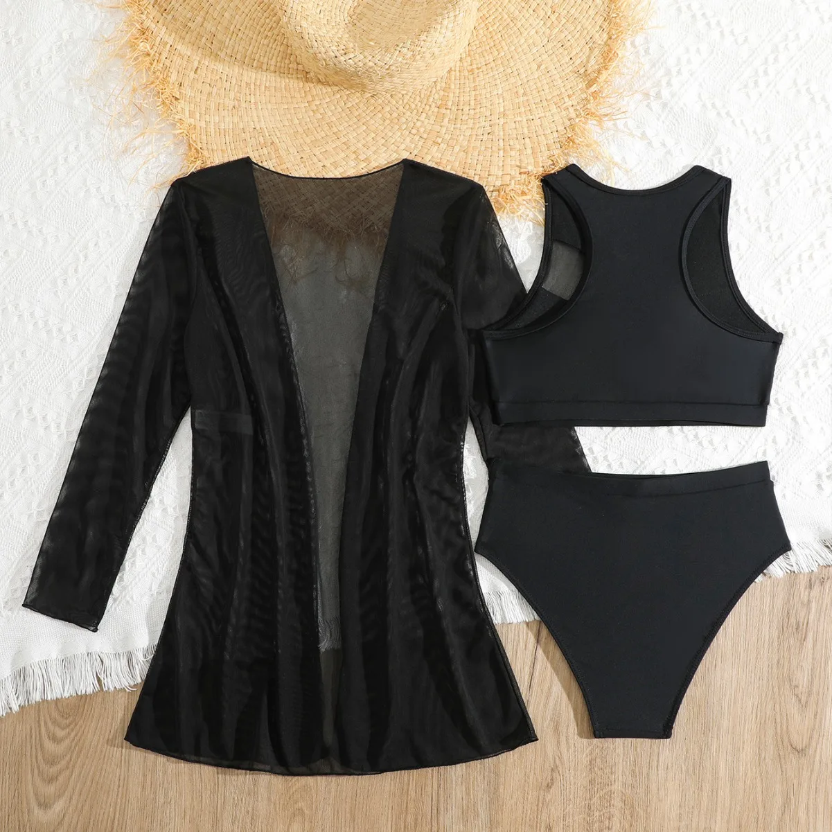 Girls 3pack Black High Waist Bikini Kids Swimsuit&Kimono 7-12 Years Children's Swimwear Teens High Neck Bathing Suit Summer