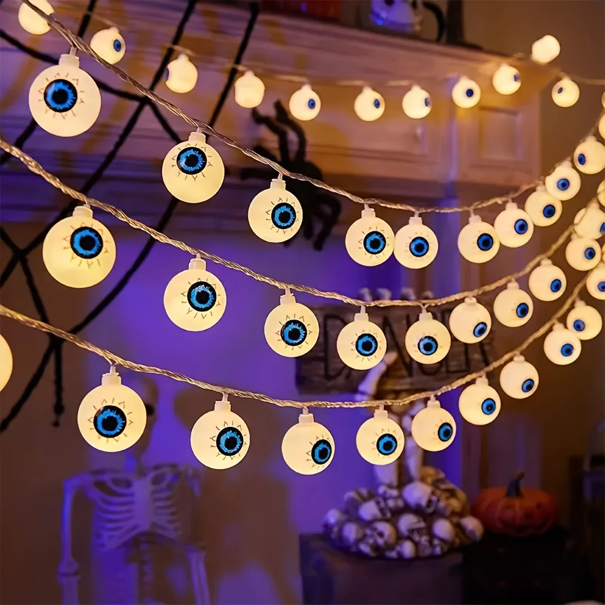 Eyeball Halloween LED String Lights Battery Powered Spooky Party Decoration Lamp for Haunted House Bar Indoor Holiday Lighting