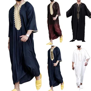 Printed collar Muslim Robe Long Thobe Islamic Clothing Ramadan Mens Saudi Wear Musulman Caftan Arabic Dubai carnival dress up