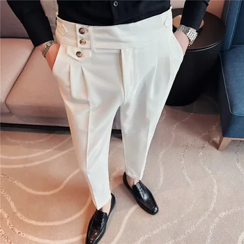 영국 스타일 남성용 하이웨이스트 드레스 바지, 단색 캐주얼 바지, 슬림핏 정장 바지, 패션 남성 의류, 2023 가을
