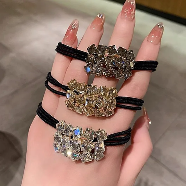 Luxurious Crystal Hair Bands Elegant Women Ponytail Rubber Band Hair Rope Tie Temperament Black Hair Accessories