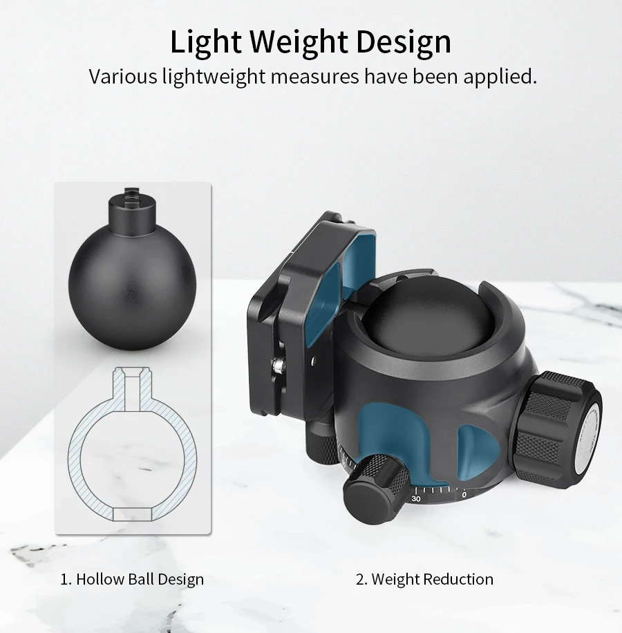 N52 Black Panoramic Low Profile Tripod Ball Head, Double U Notch Ultra-low Spher