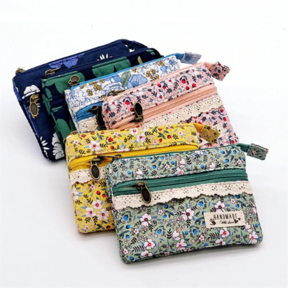 New Fashion Flower Multi-layer Cotton Fabric Coin Purse Women Card Wallet Small Change Bag Retro Canvas Female Hand Purses Pouch