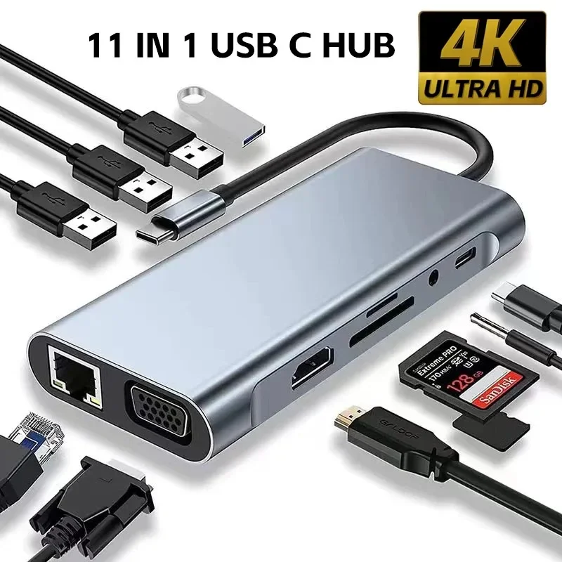 USB C Hub 8In1 7in2 7in1 Type C 3.1 To 4K HDMI Adapter with RJ45 SD/TF Card Read