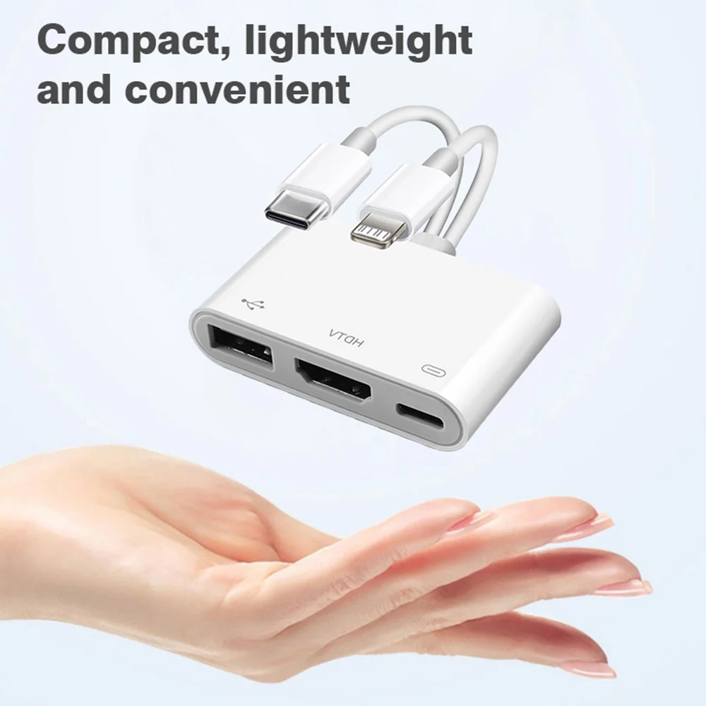Otg Adapter Usb To Type C Adapter Lightning To Hdmi Adapter USBC/Lightning to HDMI Digital AV Adapter HD Sync Screen Connector Cable with USB Camera OTG Adapter For iPhone 17 16 15 14