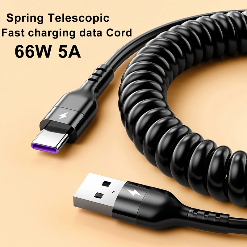 Câble à ressort de charge rapide pour Samsung, Xiaomi, Huawei, Honor, câble de chargeur de voiture, ressort télescopique 66W SnapFast, USB Type C Directions 1