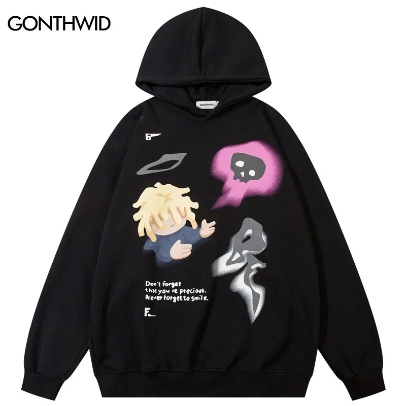 

Harajuku Men Hooded Sweatshirt Streetwear Hip Hop Cartoon Angel Boy Skull Graphic Print Hoodie Y2K Fashion 2023 Punk Pullover