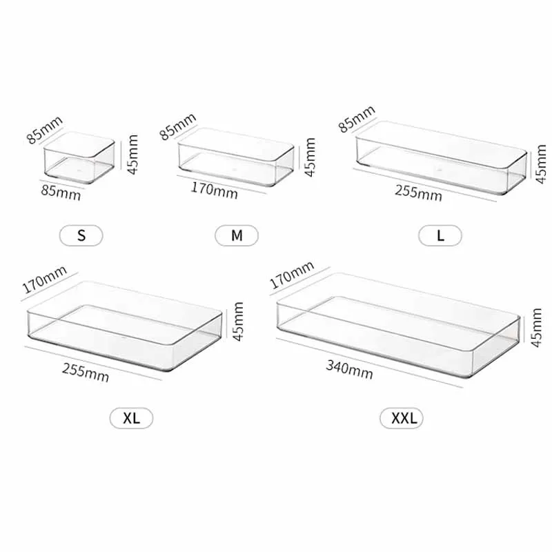 Adjustable Versatile Drawer Organizer Clear Plastic Trays and Dividers in 5 Sizes for Perfect Makeup and Kitchen Storage