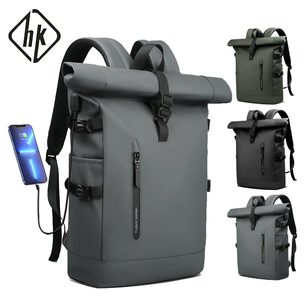 HcanKcan 야외 여행 남성 배낭 비즈니스 노트북 가방, 대용량 확장형 방수 팩, 여성용 USB 충전, 15.6 인치