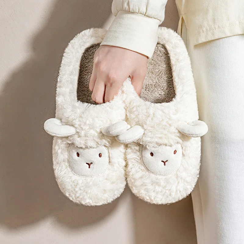 Women Winter Thick Platform Non-slip Cute Sheep Slippers Men Warm Indoor Fur Cotton Sandals Couples Ladies Outdoor Cartoon Shoes 3