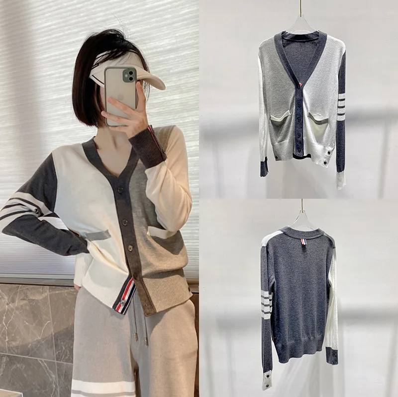 

High Quality TB Four Bar Contrast Color Wool Knit Contrast Color Cardigan College Vintage Long Sleeve Grey Couple Sweater