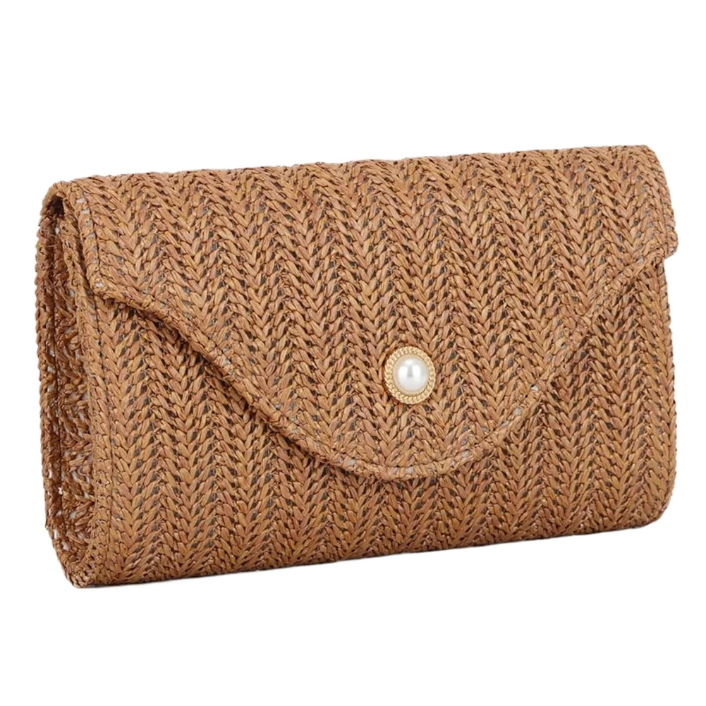 Luxury Evening Raffia Straw Clutch Purses for Women Summer Pearl Evening Handbags Woven Envelope Shoulder Bag for Beach 2024 New