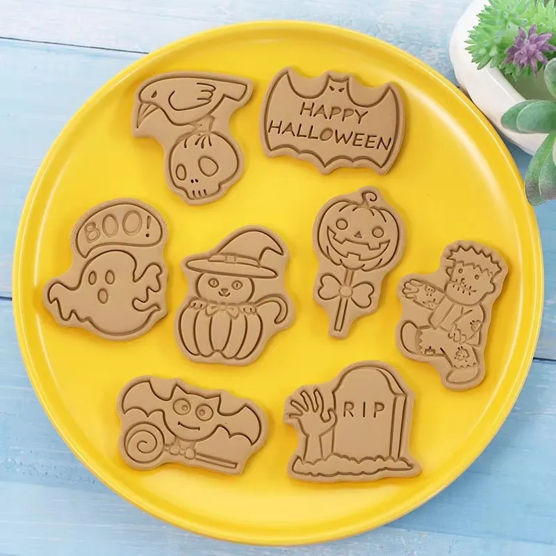 8pcs Set Halloween Cookie Mold Cartoon Cookie Cutters Pressable Biscuit Mold Confectionery Stamp Baking Pastry Bakeware Tools