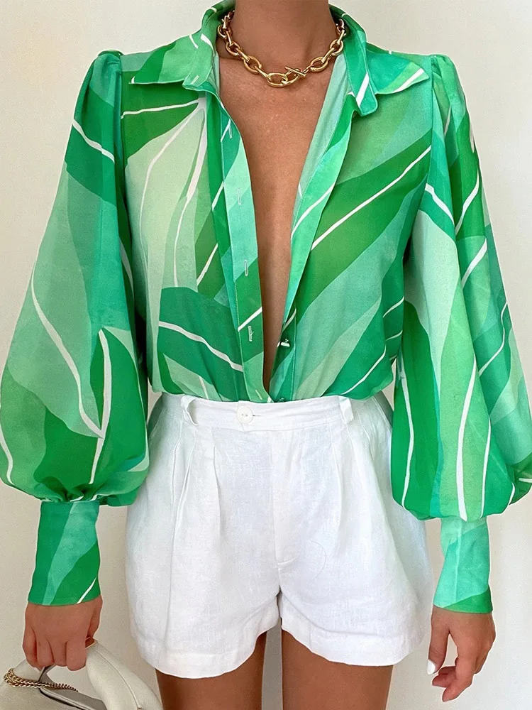 우아한 라펠 싱글 브레스트 비치 블라우스, 패션 패턴 프린트, 루즈 셔츠, 여성 캐주얼 랜턴, 긴팔 가디건 탑