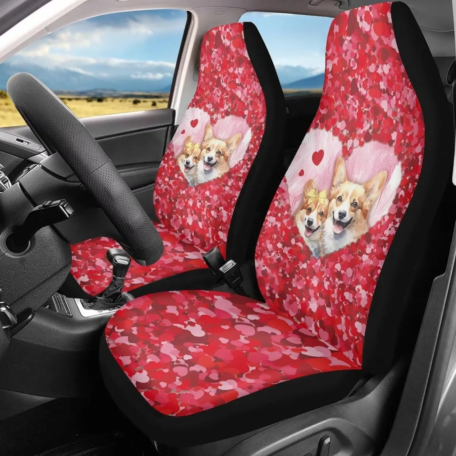 

Pets Valentine’s Day Front Car Seat Cover Corgi Heart Shape Print 2 Pieces Car Seat Covers for Front Seats Covers Seat Cushion