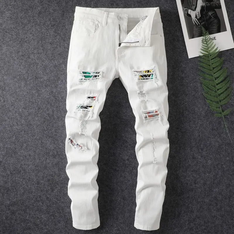 White Elastic Hot Diamond Denim Ripped Patch Skinny Pants Men