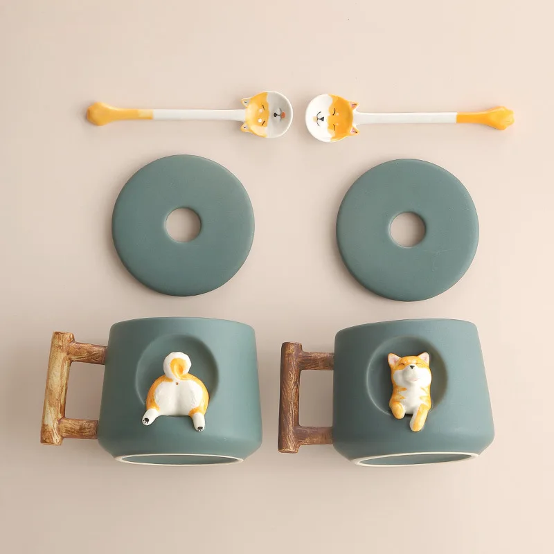 

Ceramic Creative Personality Cute Mug with Lid Spoon Family Couple Coffee Cappuccino Shiba Dog Cup Friend Birthday Gift