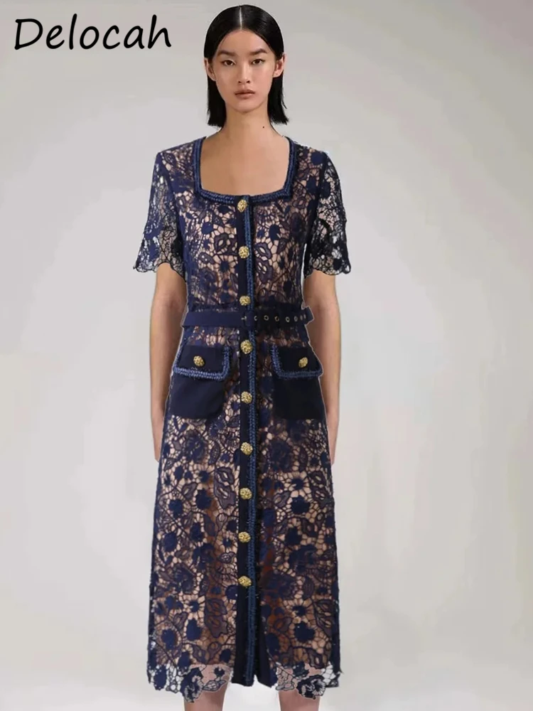 

Женское платье-карандаш Delocah, однотонное однобортное платье миди с поясом и вырезом на карманах, лето 2019