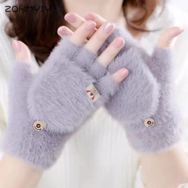 Winter Women Half-finger Flip-top Gloves Student Cute Girl Cartoon Warm Comfortable Soft Stylish Thick Knitting Mittens