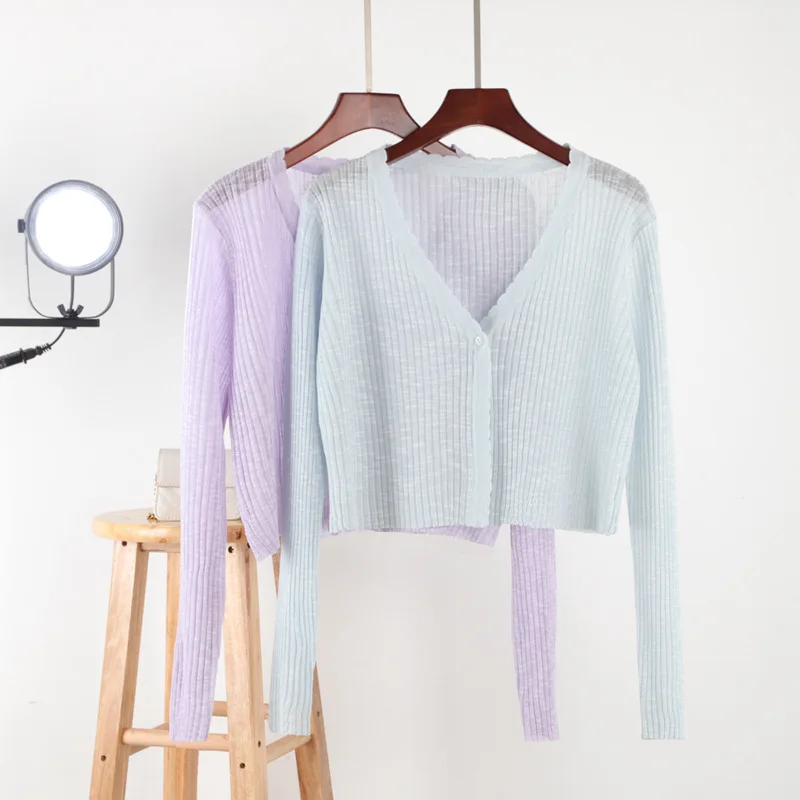 

Spring and Summer Hollow Knitted Cardigan Women's Loose Outer Wear Thin Office Short Ice Silk Sun Protection Clothing