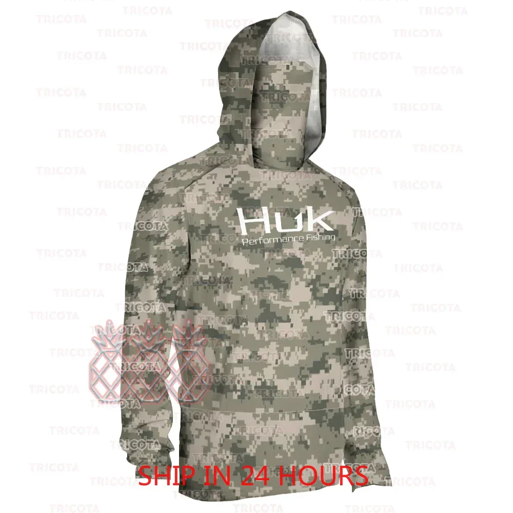 HUK Fishing Shirts Camouflage Hoodie Summer Men's Long Sleeve Hooded Fishing Clothing Anti-UV Mask Fishing T-Shirt UPF 50+ Tops