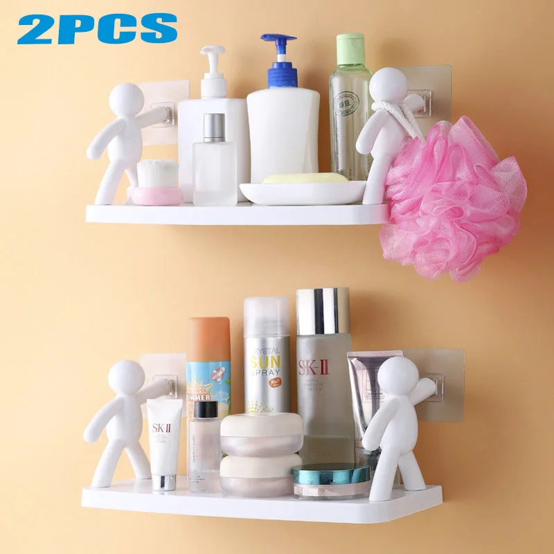 

2Pcs Creative Bathroom Storage Shelves Cute White Doll Villain Shelves Shelf Self-adhesive Bathroom Cosmetics Storage Rack