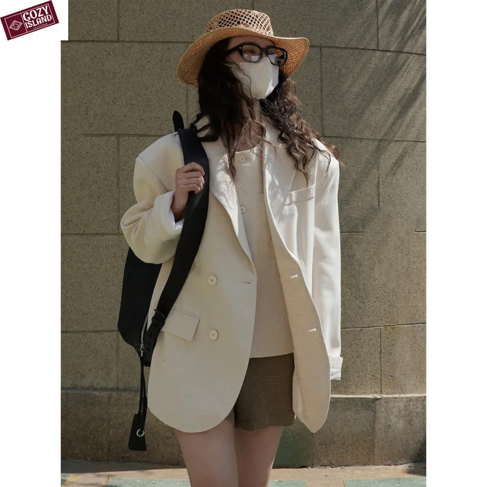 lady women woolen coat blazers western clothes woolen mini skirt two piece suit 2020 winter retro korean coat jackets apricot Spring Linen Suit Casual Blazers Women Loose Jackets Retro Fashion Commuting Retro Lapel Comfortable Breathable Office Lady Coat