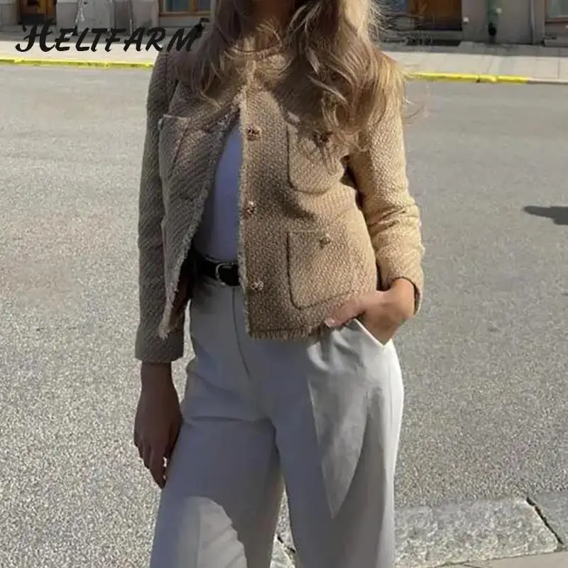 

Elegant Women Camel Tweed Jacket 2023 Autumn Long Sleeve Button Frayed Jacket Female Fashion O-neck Pocket Short Tassel Coats