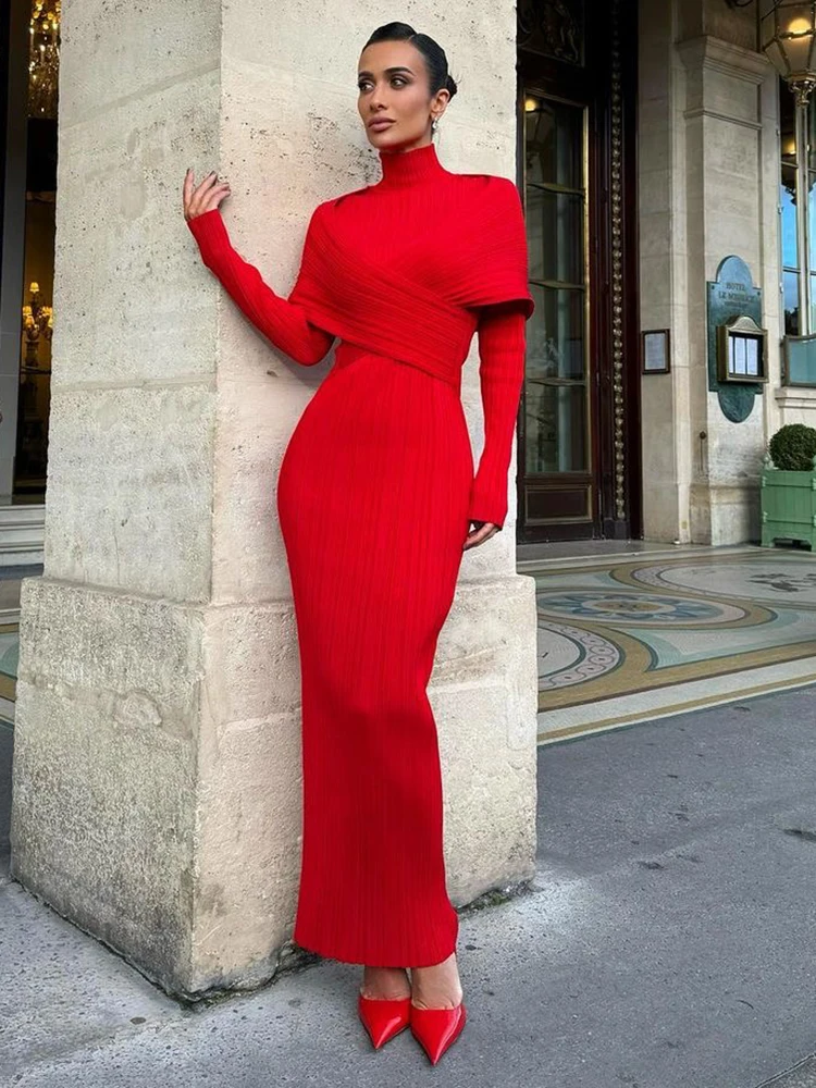 VC Red Jacquard Bandage Long Dress Turtle Neck Cross Design knitted Slim Fit Shawl Style Long Sleeves Pleated Evening Gown - AliExpress 200000345 VC Red Jacquard Bandage Long Dress Turtle Neck Cross Design knitted Slim Fit Shawl Style Long Sleeves Pleated Evening Gown - AliExpress 200000345