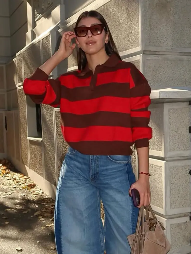 HH Women Trend Casual Striped Knitted Pullover Sweater Lapel Long Sleeve Sweater Shirt Spring Fashion High Street Lady Chic Tops