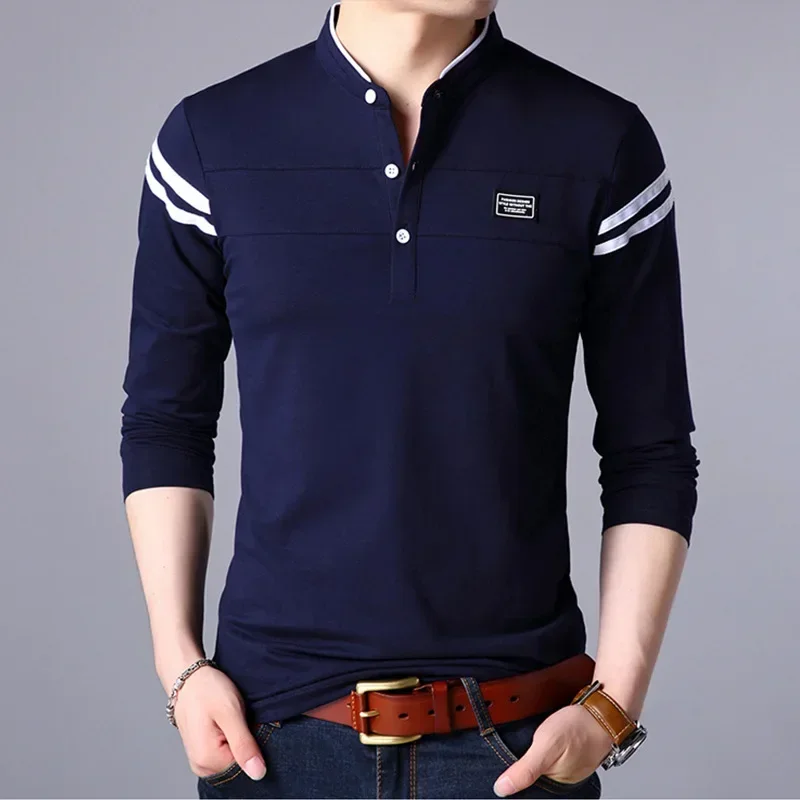 Casual Men T Shirt Button Neck Collar Long Full Sleeve Tshirt Male ...