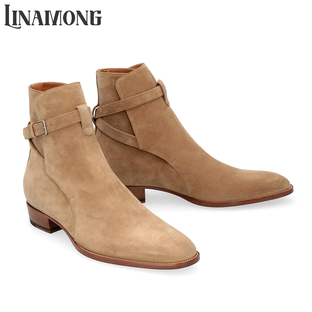 Suede Leather Boots Rivet Cross Strap Buckle Chelsea Boots Round Pointed Toe Side Buckle Retro British Style Ankle Strap Boots 1