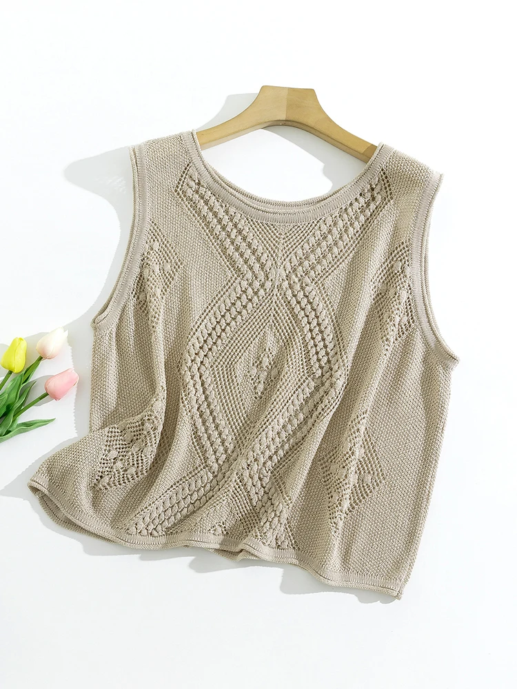 High Quality Short Cut Hollowed Out Knitted Vest for Women's Summer Outerwear Loose Cover Up Thin Suspender Top