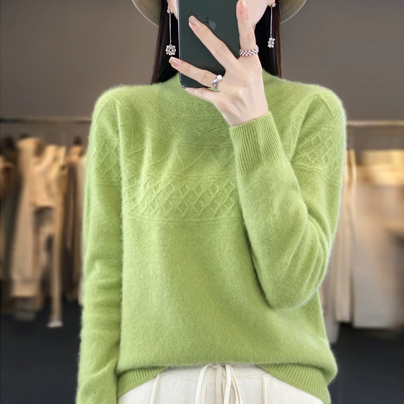 

Autumn and winter new 100% wool cashmere sweater women's semi-turtle neck knitted pullover long sleeve casual solid color top