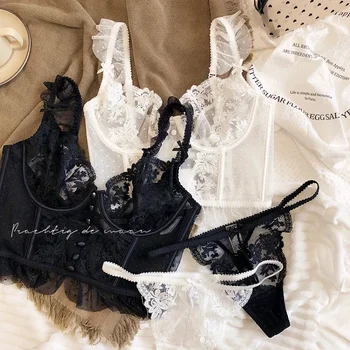 Women's French Lace Lingerie Set Sexy Ultra Thin See Through Bra & Thong Shaping Camisole Embroidery Underwear Set Hot Tushy P P