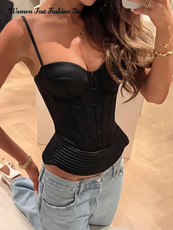 Sexy Fishbone Spaghetti Strap Corset Women's Slim Waist-cinching Backless Lace-up Tank Tops 2026 Summer New Female Pleated Top
