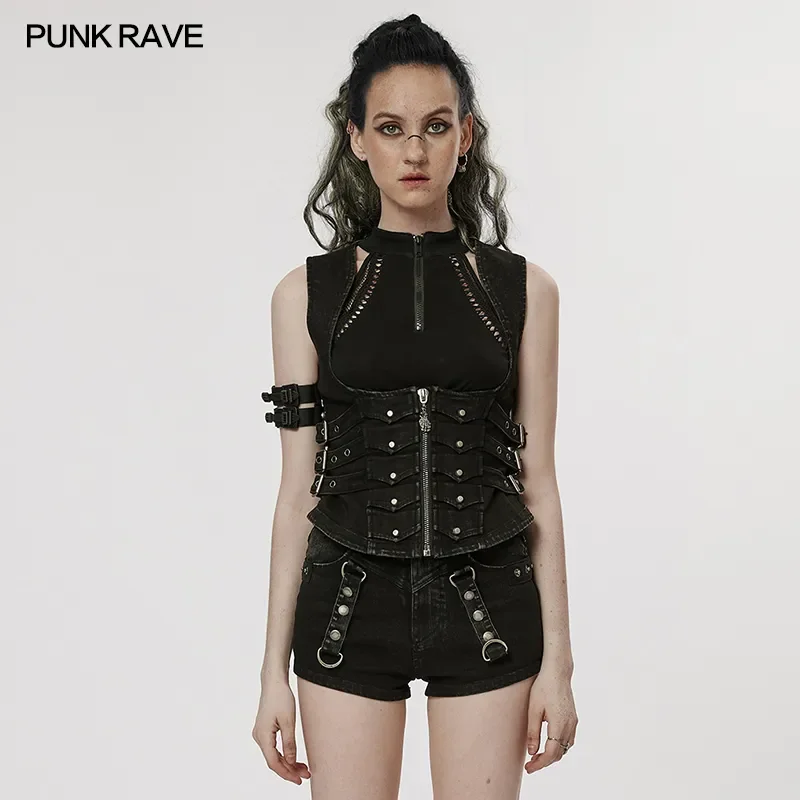 

PUNK RAVE Women's Punk Vest Women Waist Black Corset Handsome Tight Club Slim Sexy Elastic Denim Material