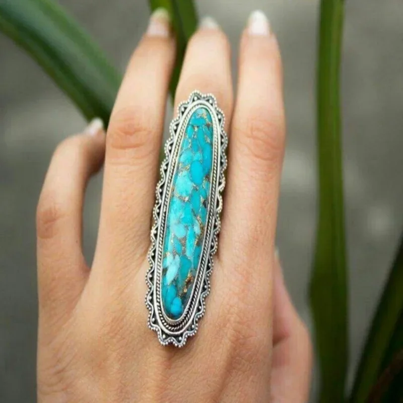 Bohemian Vintage Geometric Natural Zircon Turquoise Stone Ring Silver Color Inlay Flower Ring for Women Jewelry Anniversary Gift