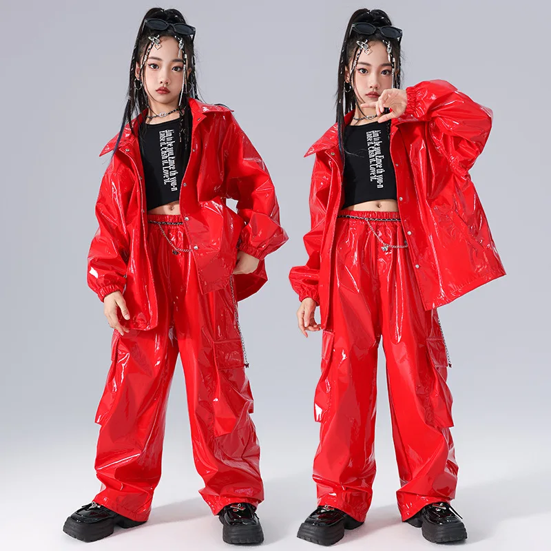 Children's Boys Gilrs Party Fashion Show Shiny Leather Jacket Pant Sets Kids Stage Dance Performance Clothes Coat Trousers Suits