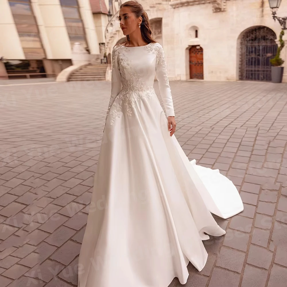 Robe De Mariée élégante ligne A pour femmes, col rond, avec des Appliques, manches longues, en Satin, personnalisée