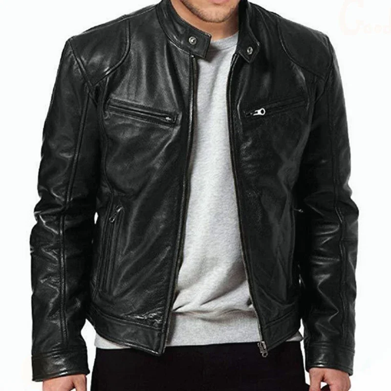 Fashion Autumn Male Leather Jacket Black Brown Men Stand Collar Coats Leather Biker Jackets Motorcycle Punk Jacket